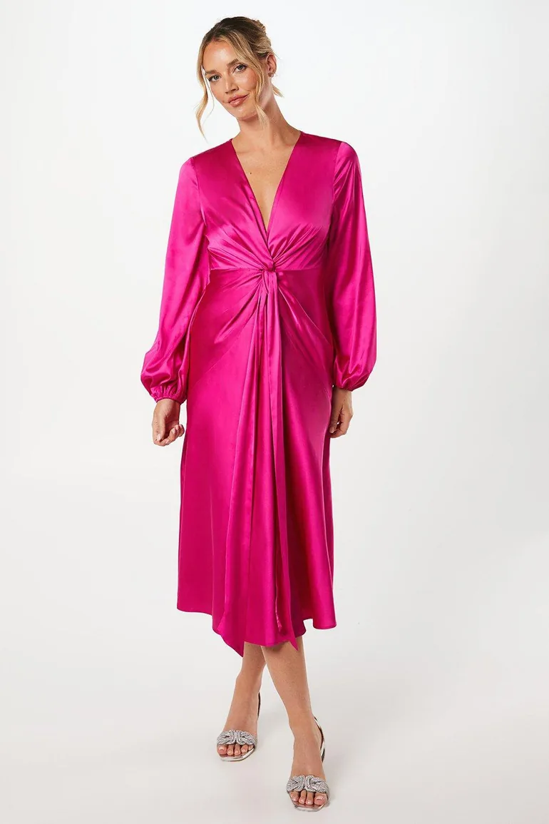 satin twist front midi dress Aidan Mattox Sleeveless Pleated Twist-Front Midi Dress, Espresso, Women's, 18, Cocktail & Party Wedding Guest Dresses Sleeveless Dresses