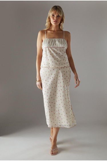 Georgette Lace Trim Bias Midi Skirt