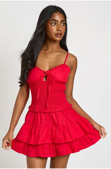 Shirred Waist Ruched Bust Mini Dress - red