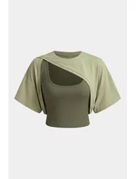 Contrast Asymmetrical Round Neck Two-Piece Short Sleeve Top
