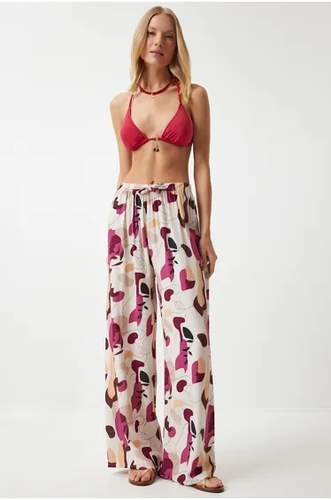 Women's Cream Plum Patterned Draped Viscose Palazzo Trousers