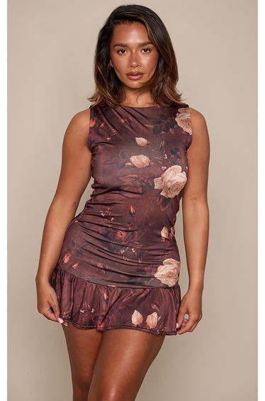 Shape Brown Floral Slinky Frill Detail Sleeveless Mini Dress