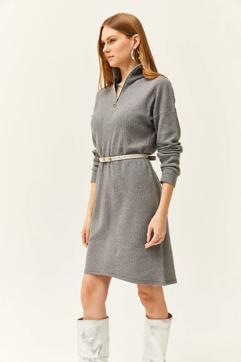 Women's Smoky High Neck Zippered Loose Dress - 1