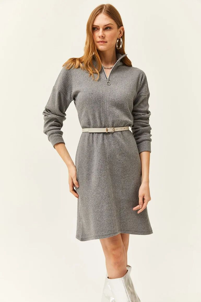 Women's Smoky High Neck Zippered Loose Dress - 2