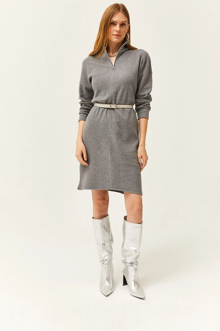 Women's Smoky High Neck Zippered Loose Dress - 3