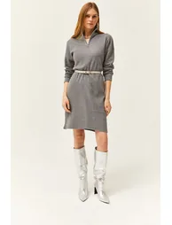 Women's Smoky High Neck Zippered Loose Dress - 3