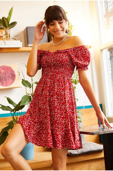 Red Floral A-Line Mini Smock Dress