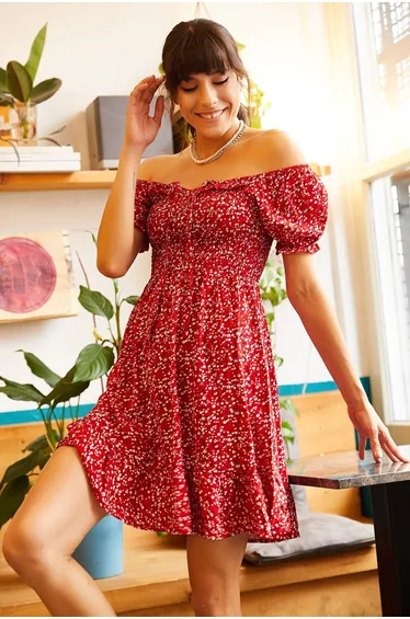 فستان بتصميم بشكل A بطبعة أزهار - أحمر