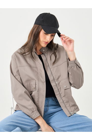 Women Brown Regular Fit Bomber Jacket with Pockets