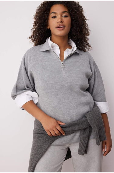 Gray Polo Collar Zipper Detailed Knitwear Sweater