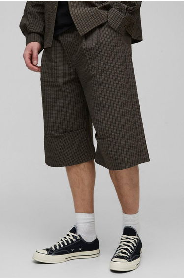 Tall Check Ripstop Pleat Knee Baggy Shorts