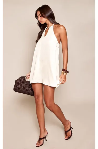 Cream Textured Halterneck Keyhole Detail Shift Dress