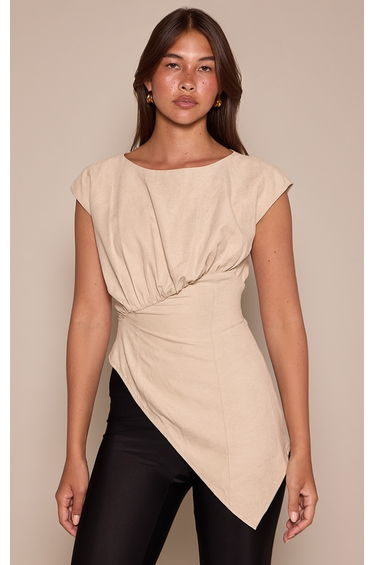 Sand Peachskin Ruched Front Fitted Sleeveless Top