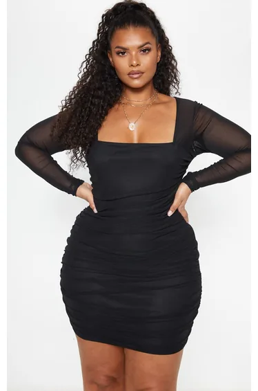 فستان ضيق ميش مزموم بياقة مربعة - أسود - مقاسات كبيرة