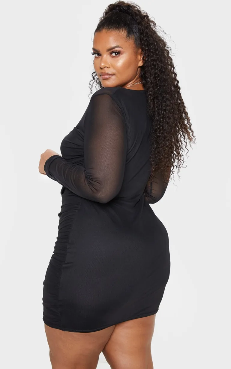 black bodycon dress for plus size Black Polka Dot Mesh Puff Sleeve Ruched Bodycon Dress – AX Paris US main image 0