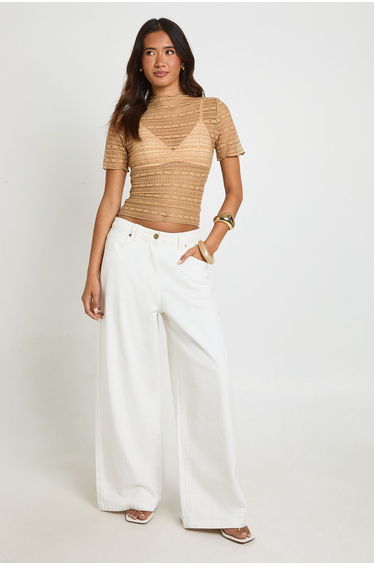 Textured Lace Sheer Grown On Neck Top - olive
