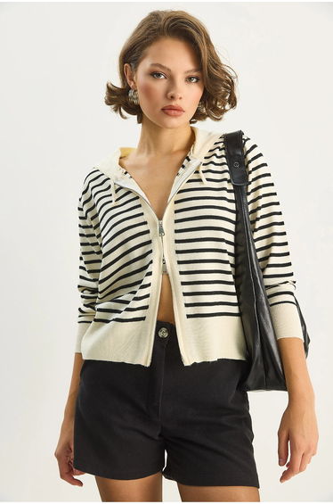 LUCCI Striped Hooded Zipper Cardigan