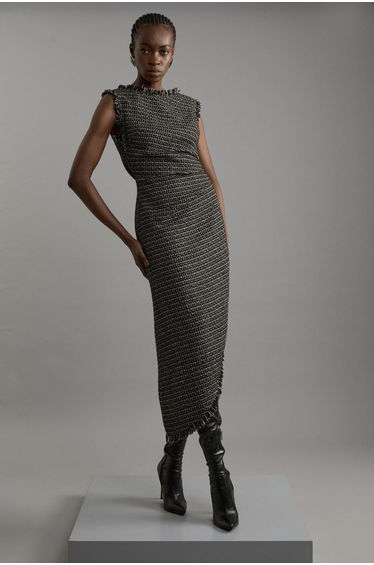 Metallic Boucle Tailored Ruched Midaxi Dress