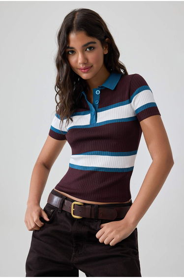 Plum Polo Collar Basic Knitwear Thin Blouse