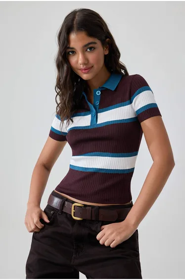 Plum Polo Collar Basic Knitwear Thin Blouse