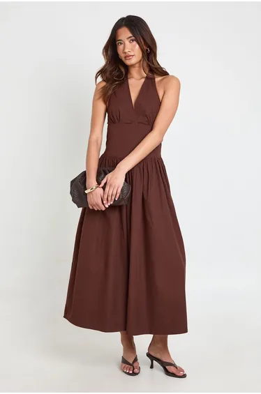 Cotton Poplin Halter Neck Pleated Midi Dress - chocolate