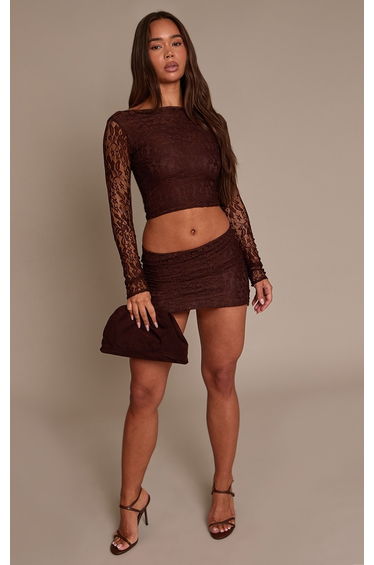 Brown Lace Mini Skirt Mid Rise
