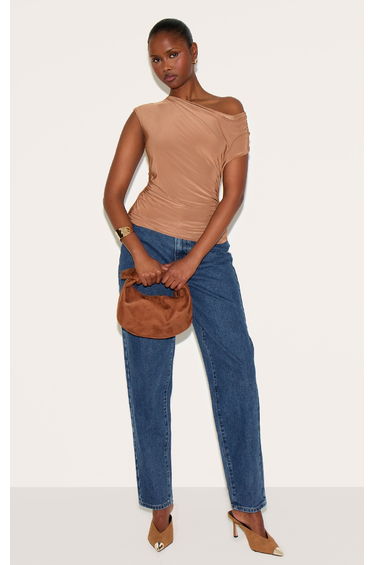 Tan Double Layer Slinky Backless Asymmetric Long Top