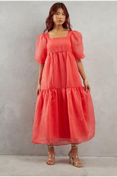 Burnout Gingham Organza Square Neck Midaxi Dress