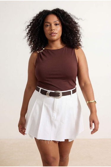 Brown Accessory Detailed Sleeveless Sandy Knitted Plus Size Blouse