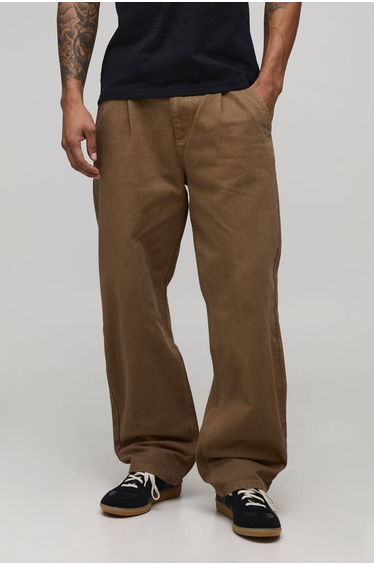 Relaxed Fit Half & Half Waistband Washed Twill Trouser - tobacco