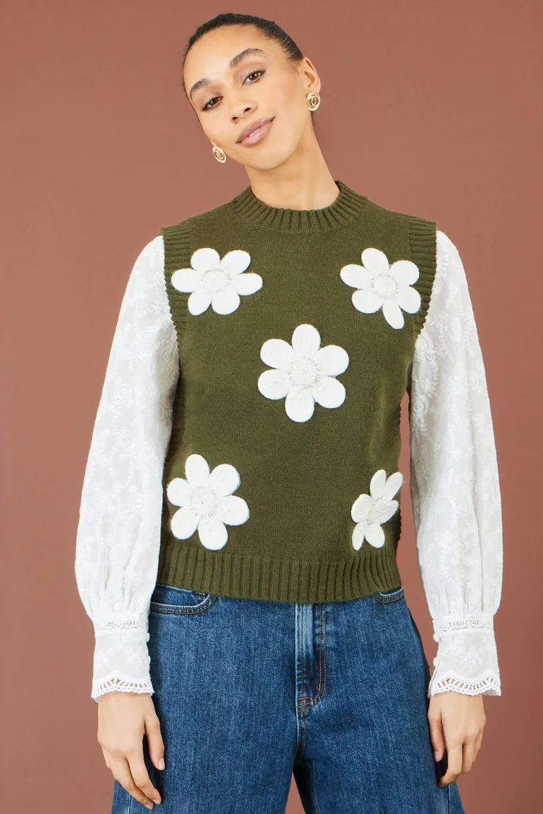 Yumi Green Flower Applique Knit Tank - 1