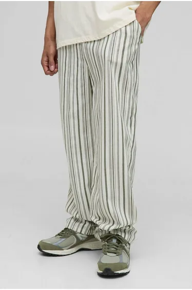 بنطلون مخطط بخصر إيلاستيك بمظهر كتان - أخضر 