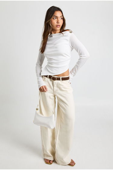 Double Layer Textured Mesh Flared Long Sleeve Top with Button Trim - cream