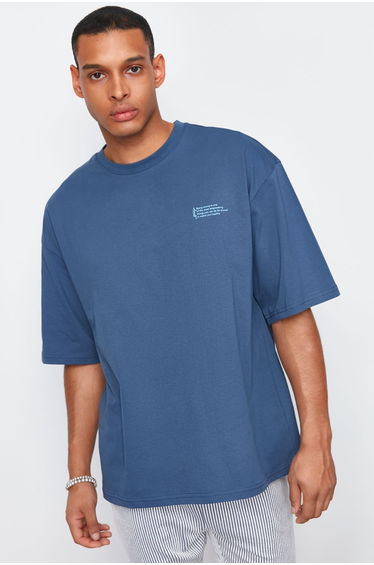 Indigo Oversize 100% Cotton Crew Neck Minimal Text Printed T-Shirt
