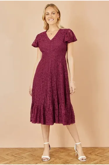 Yumi Burgundy Stretch Lace Puff Sleeve Midi Dress
