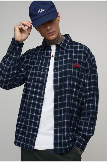 Tall Oversized Moto Back Print Checked Shirt - navy