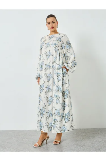 Floral Print Balloon Sleeve A-Line Maxi Dress