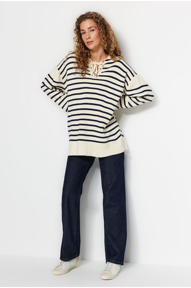 Beige Comfortable Fit Striped Knitwear Sweater