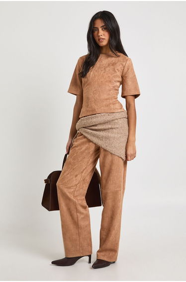 Suede Seam Detail Straight Leg Trouser - tan