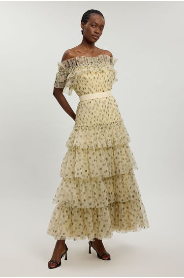Polka Dot Tulle Layered Off The Shoulder Maxi Dress