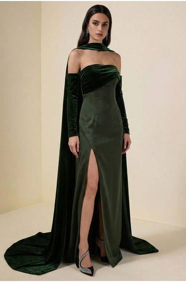 Off-Shoulder Slit Maxi Dress With Velvet Cape