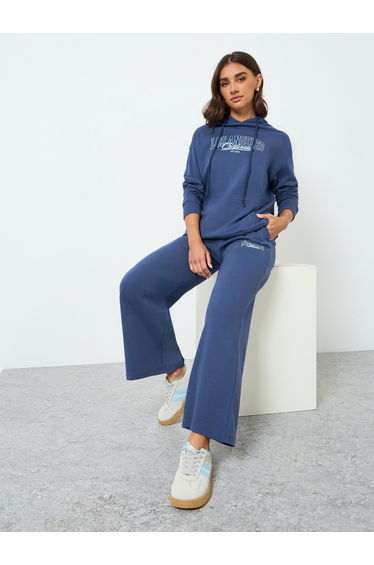 Women Navy Blue Hoodie and Wide Leg Pants Co-Ords