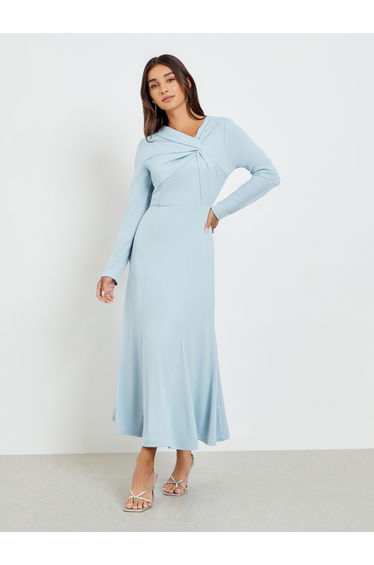 Blue Knot Front Long Sleeve Maxi Dress