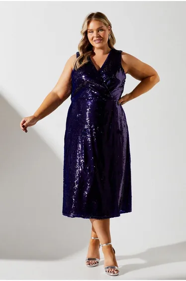 فستان ميدي بكسرات مزين بالترتر - للمقاسات الكبيرة