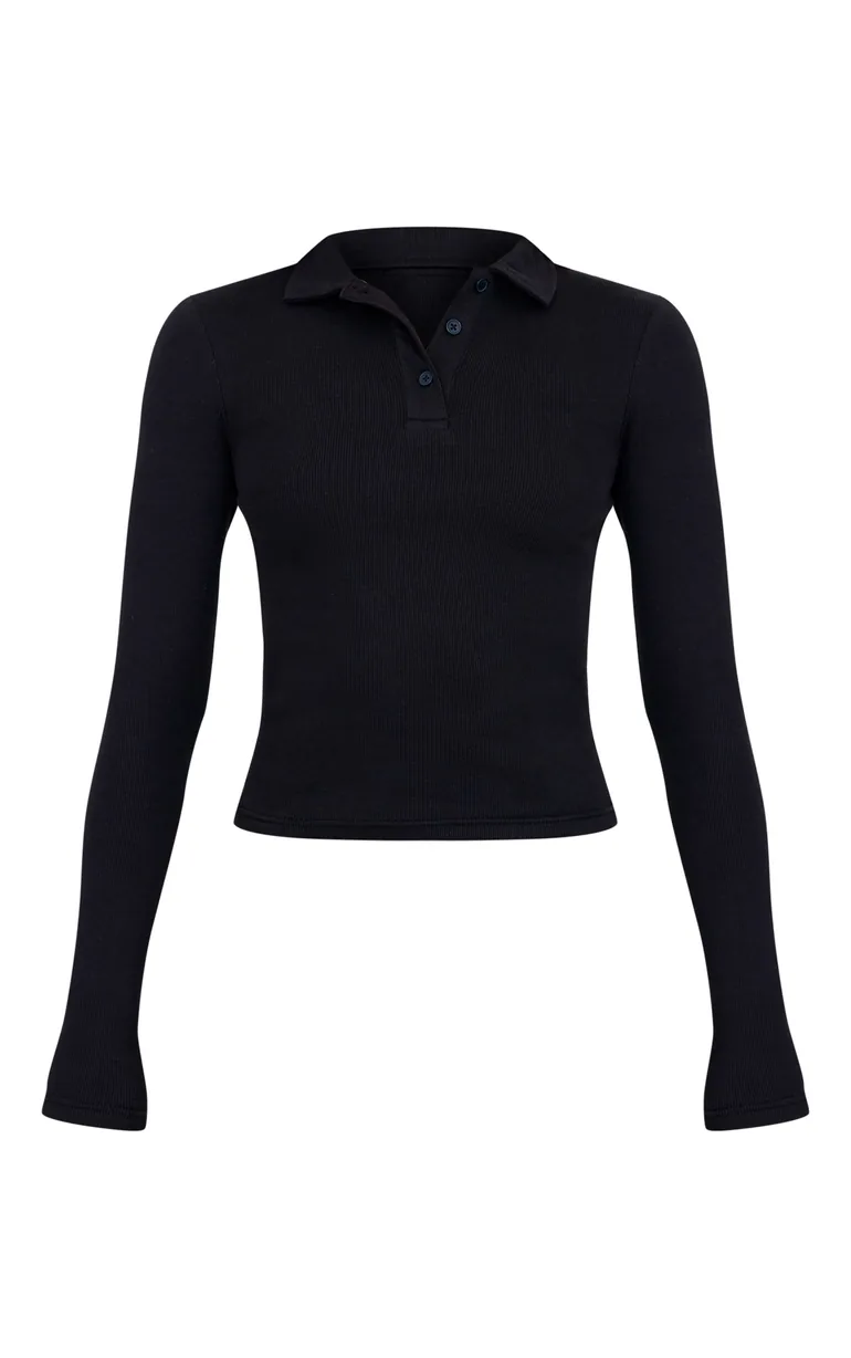 Tall Black Collared Long Sleeve Rib Top - 4