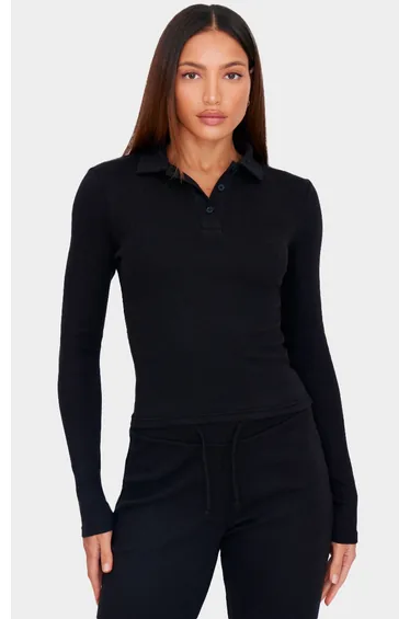 بلوزة مضلعة بأكمام طويلة لون أسود - لطويلات القامة