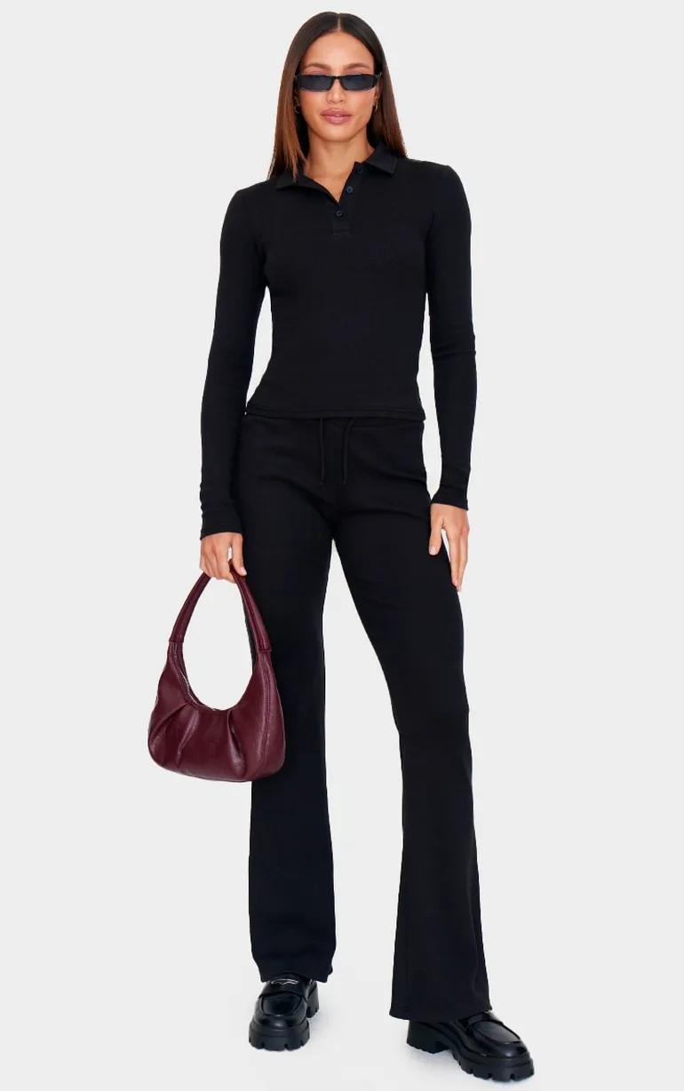 Tall Black Collared Long Sleeve Rib Top