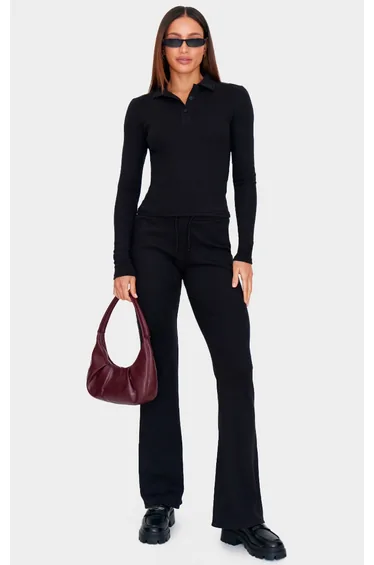 بلوزة مضلعة بأكمام طويلة لون أسود - لطويلات القامة