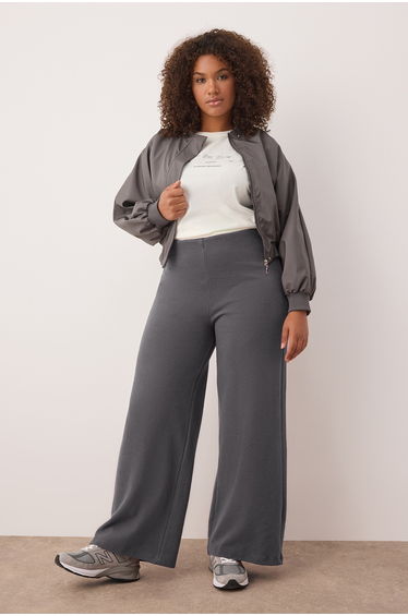 Anthracite fake knitwear high waist straight fit elastic waist knitted plus size pants