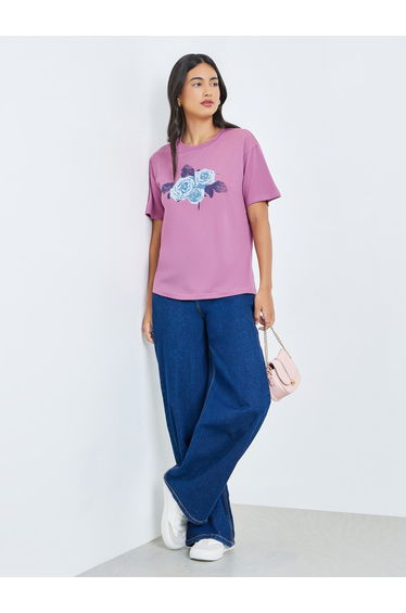 Purple Floral Print Regular Fit T-Shirt